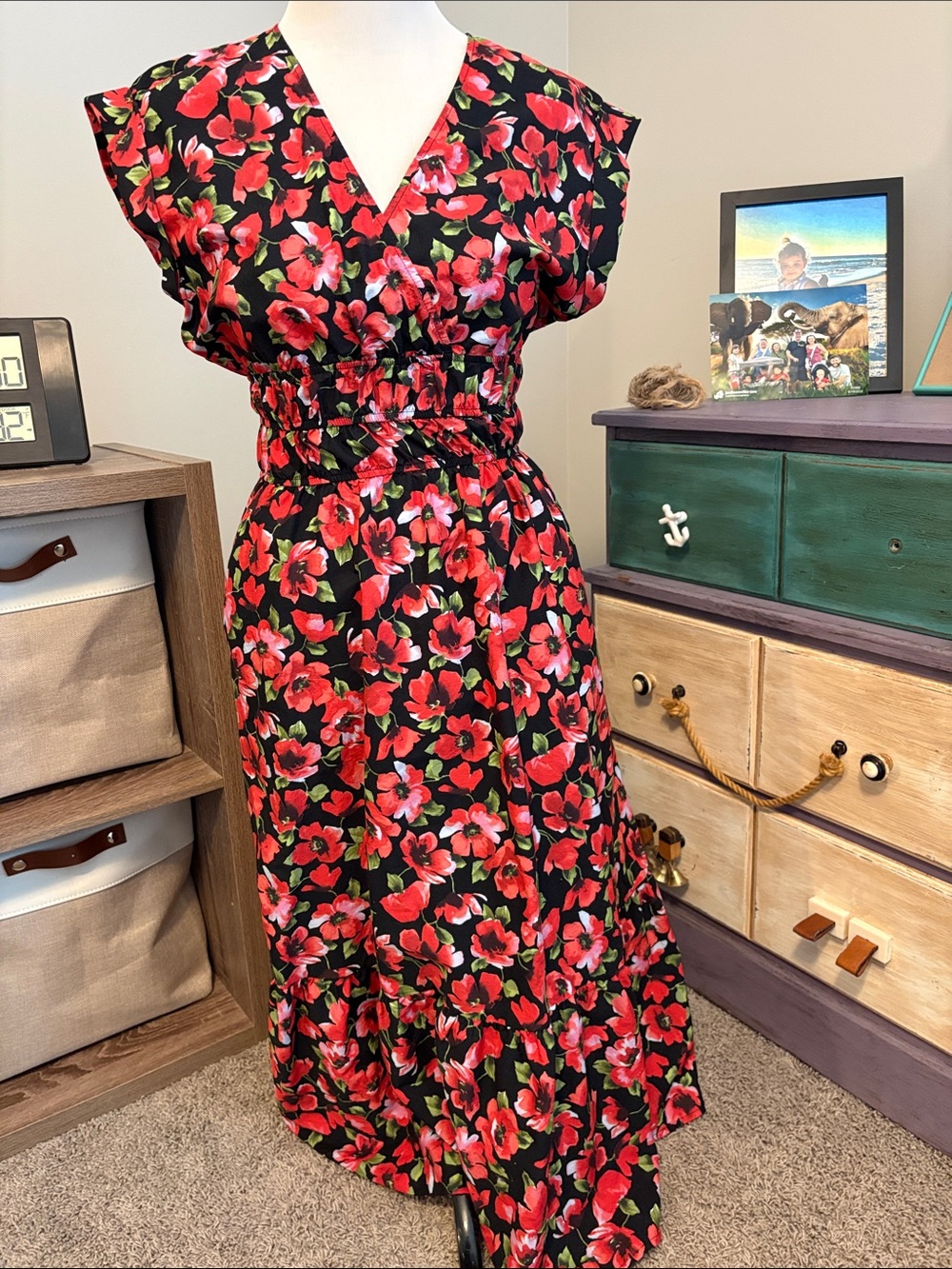 Anthropologie Maeve Red Floral Cotton Cap Sleeve Smocked Waist Midi Dress Size S